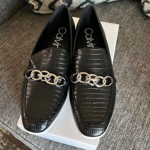 Calvin Klein Black Textured Loafers with Silver Chain